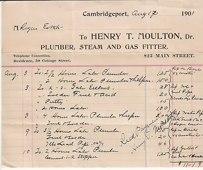 1901  Cambridgeport Massachusetts Billhead Henry Moulton Plumber Steam Fitter • $6