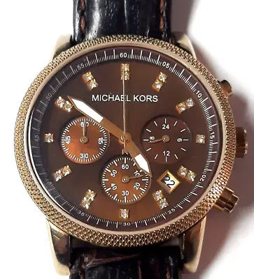 Michael Kors MK-5048 Brown Dial Gold Case Leather Chronograph Ladies Watch Works • $23.99
