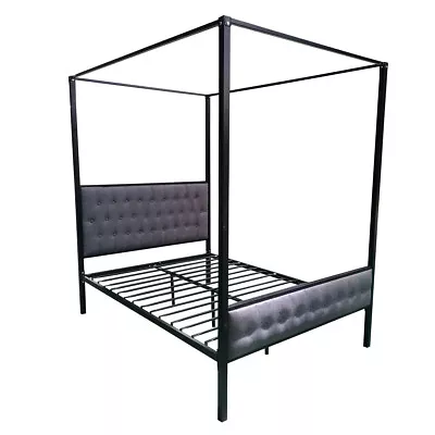 MB | 4 Poster Black Metal Bed Frame With Cushioned Headboard 4FT6 Double Size • £235