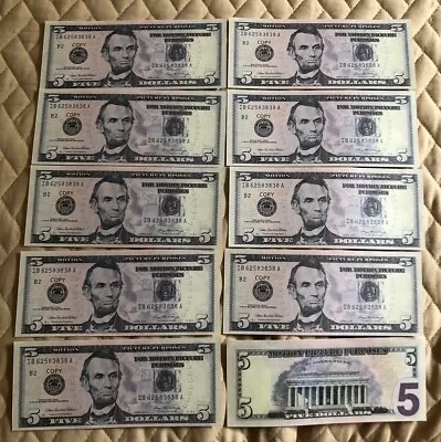 10 PCS •  Motion Picture Money • $5 Bills FUN COPY MONEY • $7