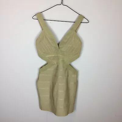 Bebe 2B Mini Bodycon Dress Size S Womans Beige Metallic Bandage Cut-Out V-Neck • $27.99