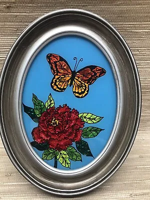 Vintage Reverse Painting On Glass Tinsel Foil Art Butterfly And Flower 7” X 5” • $28