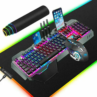 $61.27 • Buy Wired RGB LED Backlit Gaming Keyboard Mouse And RGB Mouse Mat Combo & Wrist Rest