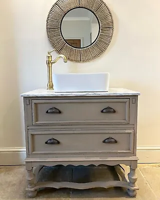 Vintage Vanity Sink Unit Marble Top Finished In Weathered Oak Style • £950