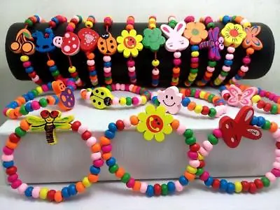 10 Candy Colour Kid Girl Wood Bracelet Toy Wristband Bangles Birthday Party Gift • £4.69