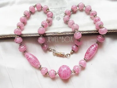 Vintage VENETIAN MURANO Glass Raspberry Swirl Pink Beads NECKLACE Gift Jewelry • £65