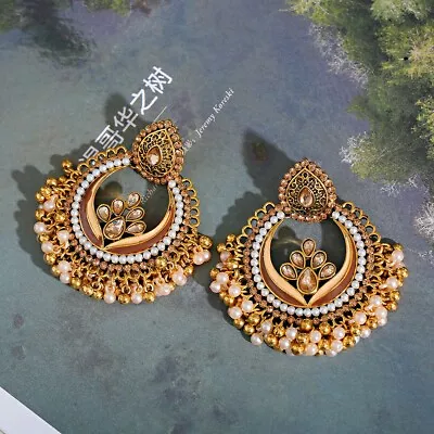 Gold Indian Bollywood Traditional Handcrafted Bridal Wedding Peal Jhumki Earring • $7.69