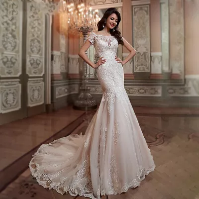 Elegant Wedding Dresses Mermaid Lace Slim-line O-neck ​ShortSleeves ​Bridal Gown • $158.20
