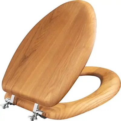 Elongated Natural Oak Toilet Seat With Chrome Hinges Slow Close Wood Finish • $41.51