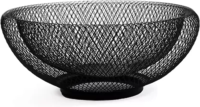 -Black Metal Wire Fruit Basket - 24Cm / 11 Cm - Decorative Storage Holder Bowl F • £16.99