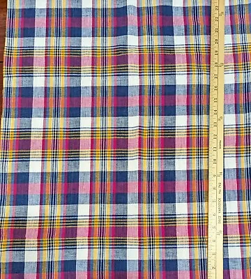 Vtg 80s Cotton Madras Plaid Fabric 1 3/8 Yds X 43  Navy Blue Ivory Yellow Pink • $6.95