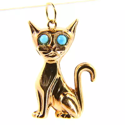 Vintage 9ct Turquoise Blue Eyed Cat Charm Yellow Gold Hallmarked Pendant • £110