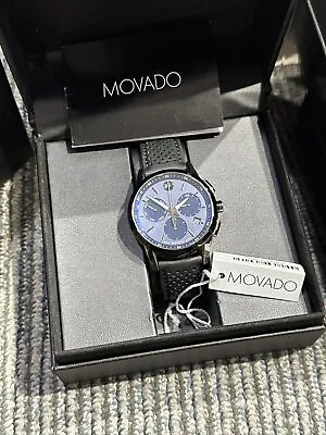 MOVADO MUSEUM SPORT 43MM CHRONONOGRAPH  Blue Dial Black Leather  Watch 0607360 • $355