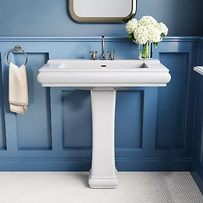 HOROW Tall White Rectangular Vitreous China Pedestal Bathroom Sink With Overflow • $229.99