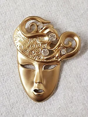 Gold Tone Mask Brooch Satin Finish Metal Diamante Highlights  • £8