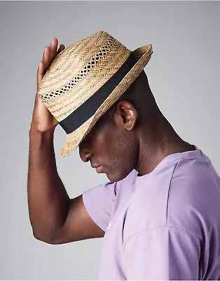 Handmade Straw Summer Trilby Fedora Sun Hat 100% Natural Straw Holiday Festival  • £11.99