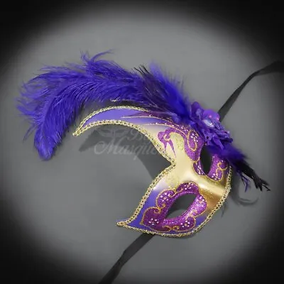 Feather Masquerade Party Mask Gold Purple M6131 • $19.12
