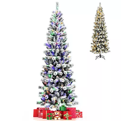 8FT Pre-Lit Hinged Christmas Tree Snow Flocked W/ 9 Modes Remote Control Lights • $139.99