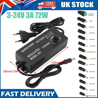 Universal 3V-24V 3A 72W AC Adjustable Power Supply Adapter & DC 14 Plugs Connect • £15.99