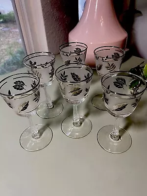 Vintage Libbey Silver Leaf  Foliage Stemmed Wine Sherry Glasses 5 3/4  Set Of 6 • $40