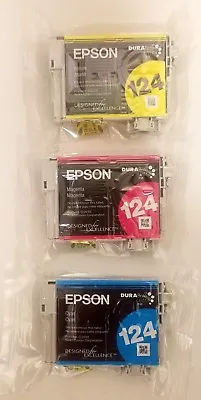 Lot 3-  Epson DuraBrite Ultra 124 Ink Cartridges  Bundle -Yellow Cyan Magenta  • $19.99