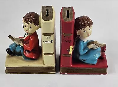 Vintage Pair Ceramic Boy & Girl Bookend Banks Made In Japan  Piggy Bank Bookends • £12.05