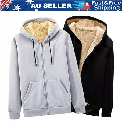 Mens Sherpa Plush Hoodie Hooded Jacket Zip Warm Winter Long Sleeve Outwear Coats • $26.59