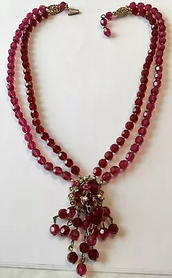 Vintage Miriam Haskell Signed Pink & Red Bead Pendant Necklace • $225