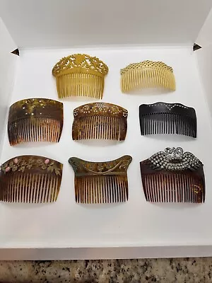 8 Art Deco Celluloid Faux Tortoise Shell Hair Combs Rhinestones Metal Accents • $24.99