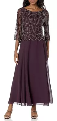 J Kara Women's 3/4 Sleeve With Scallop Beaded Pop Over Gown Wine Size 10P • $53.99