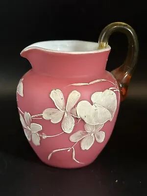 Antique Victorian Pink Cased Satin Glass Pitcher Hand Painted • $35