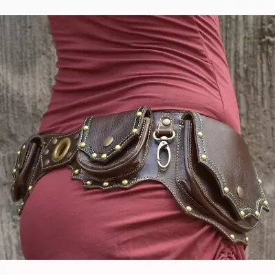 Medieval Steampunk PU Leather Belt Hip Bag Pocket Studded Waist Bag Brown • $29.03