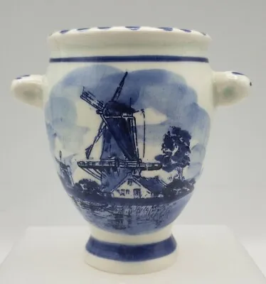 Vintage Signed DELFT Pottery BLUE 3 1/2  URN STYLE VASE WINDMILLS • $7.60