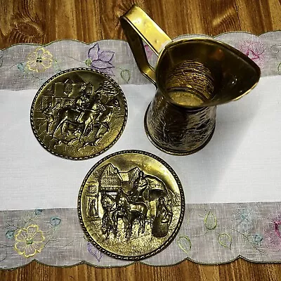 Vintage Repoussè English Cottage Embossed Brass Water Pitcher Flue Covers Decor • $32