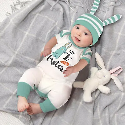 Infant Baby Boys Girls Easter Bunny Rabbit Print Romper Jumpsuit+Hat Outfits UK • £11.99