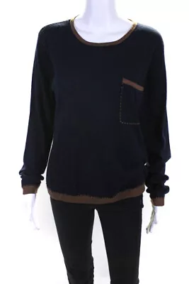 Max Mara Womens Long Sleeves Crew Neck Sweater Navy Blue Brown Size Small • $79.29