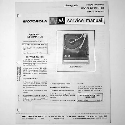 Motorola ® Models MP50EH MP50ER Portable Record Player Service Manual © 1969 • $4.70