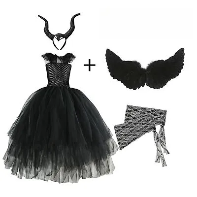 5Pcs Girls Halloween Set Kids Maleficent Cosplay Costume Dress Headband Outfit • £26.99