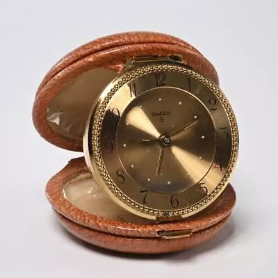 Swiza 8 Day Brass Brown Leather Wind Up Pocket Travel Clock 3  Dia • $202.33