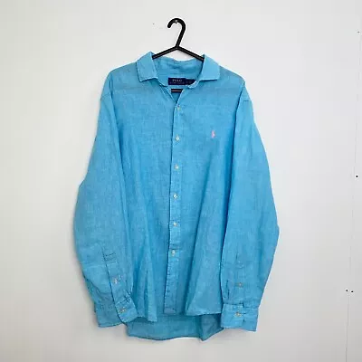 Polo Ralph Lauren Linen Shirt Long-Sleeve Mens Size L Blue Button-Up Summer. • £51.99