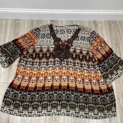 Catherines Multi Color Bohemian Tunic Top Brown Accordian Pleated Size 4x • $25