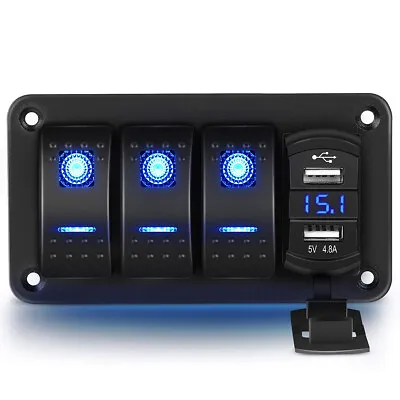 3 Gang Rocker Switch Panel 4.8A USB Charger Car Boat Marine RV Truck Blue LED • $20.96