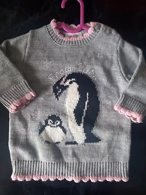 Baby Girl - Penguin Design Christmas Jumper - Grey & Pink - Age 0-3 Months - NEW • £1.99