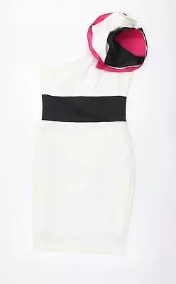 Kate Fearnley Womens Ivory Colourblock Polyester Bodycon Size 10 One Shoulder Zi • £7