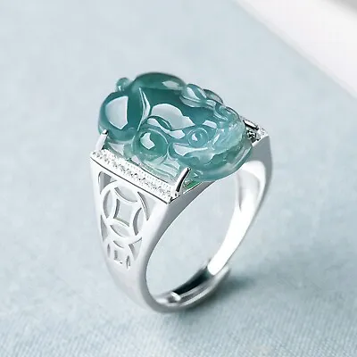 Pure S925 Sterling Silver Natural Grade A Jade Jadeite Coin Pixiu Ring Men Women • £31.19