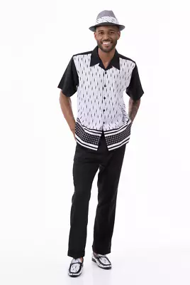 New Montique 2 Pc Walking Suit Short Sleeve Set White Black Shirt L 36 Waist • $79.95