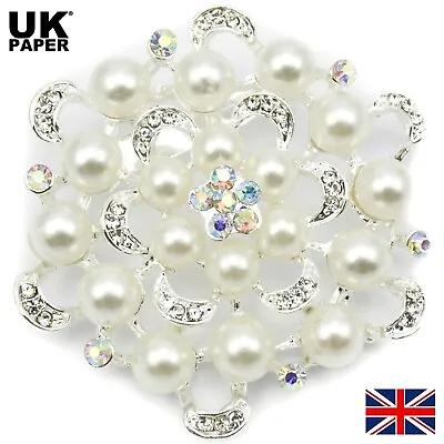 £3.99 • Buy Large Silver Flower Pins Back Brooch Faux Pearls Rhinestone Crystal Party Gifts 