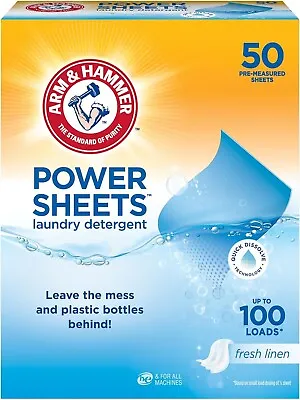 Arm & Hammer Power Sheets Laundry Detergent Fresh Linen 50ct Up To 100 Small • $18.99