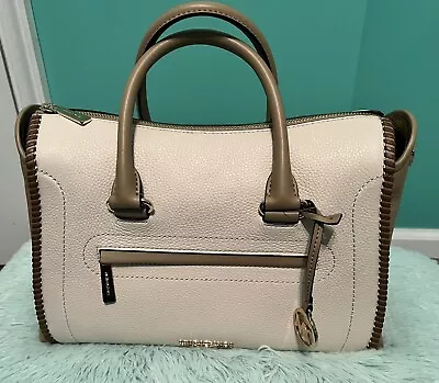 Michael Kors Carine Womens Large Zip Satchel Mk Shoulder Bag Tote Cream Leather • $115