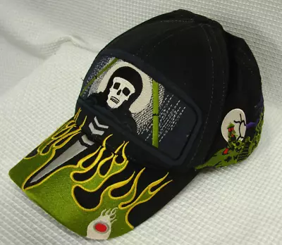 Vtg Grave Digger Snapback Hat Cap Black Monster Jam AOP Embroidered Curved Bill • $94.95